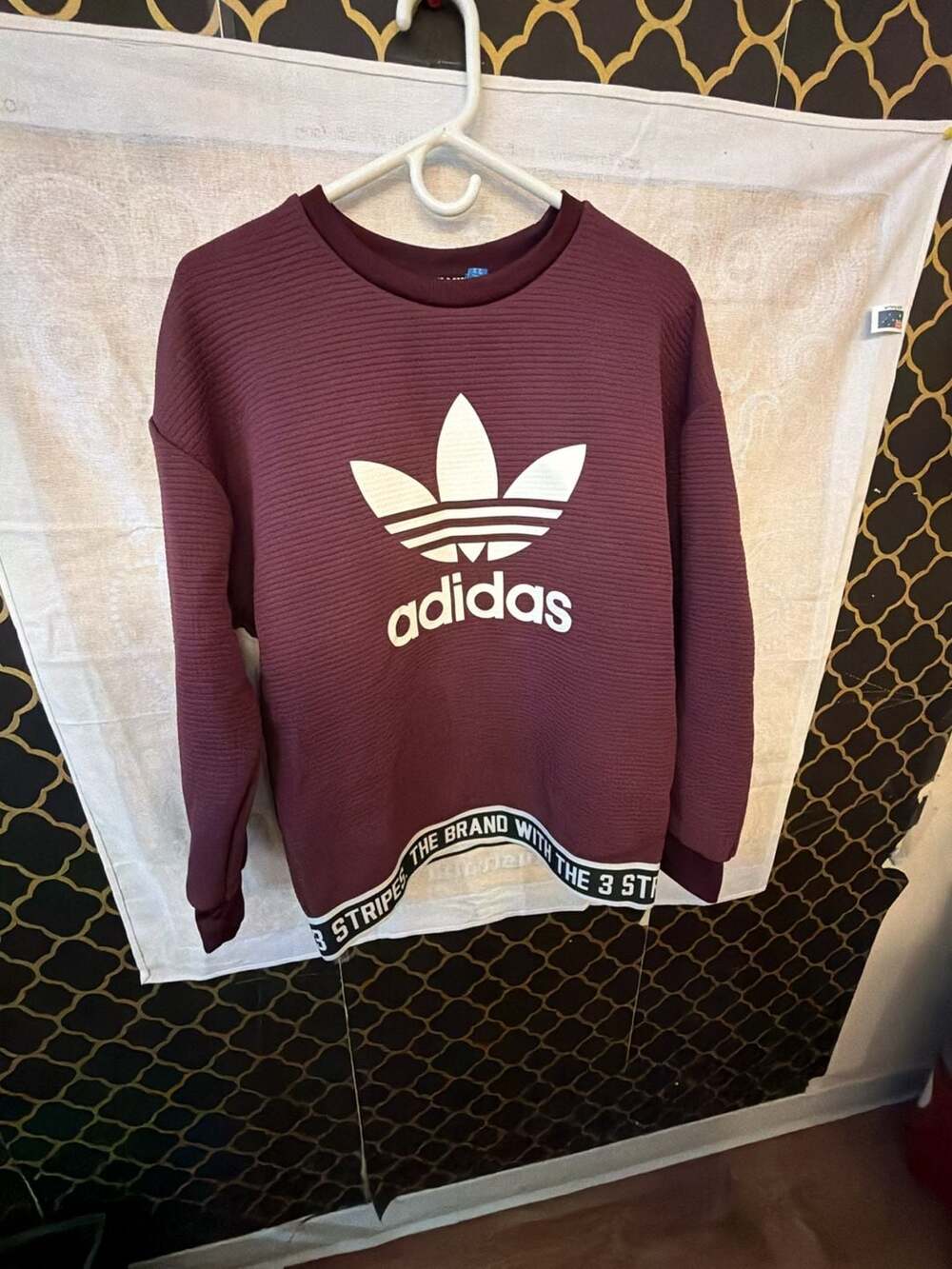 Adidas Trefoil Ribbed Sweatshirt Size S Burgundy Crewneck